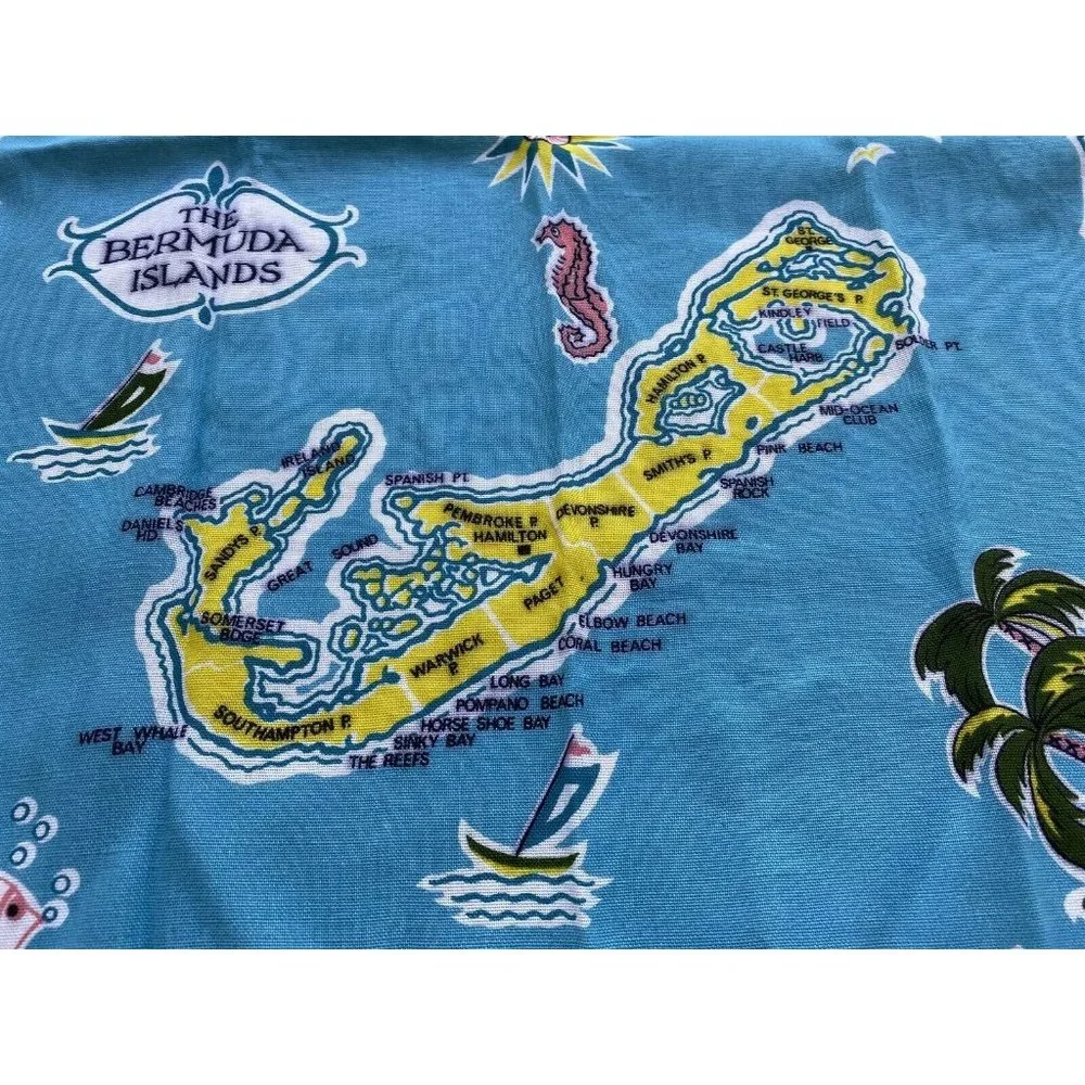 Vintage Irish Linen Apron and Towel Bermuda Map Made in Ireland Blue Tropical